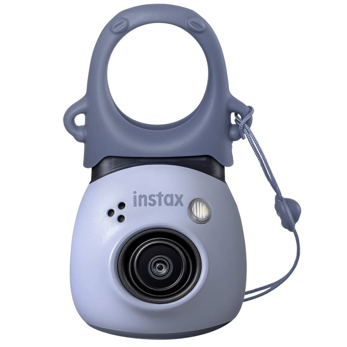 Cámara Instax celeste con asa gris y lente, colgando de una cuerda gris.
