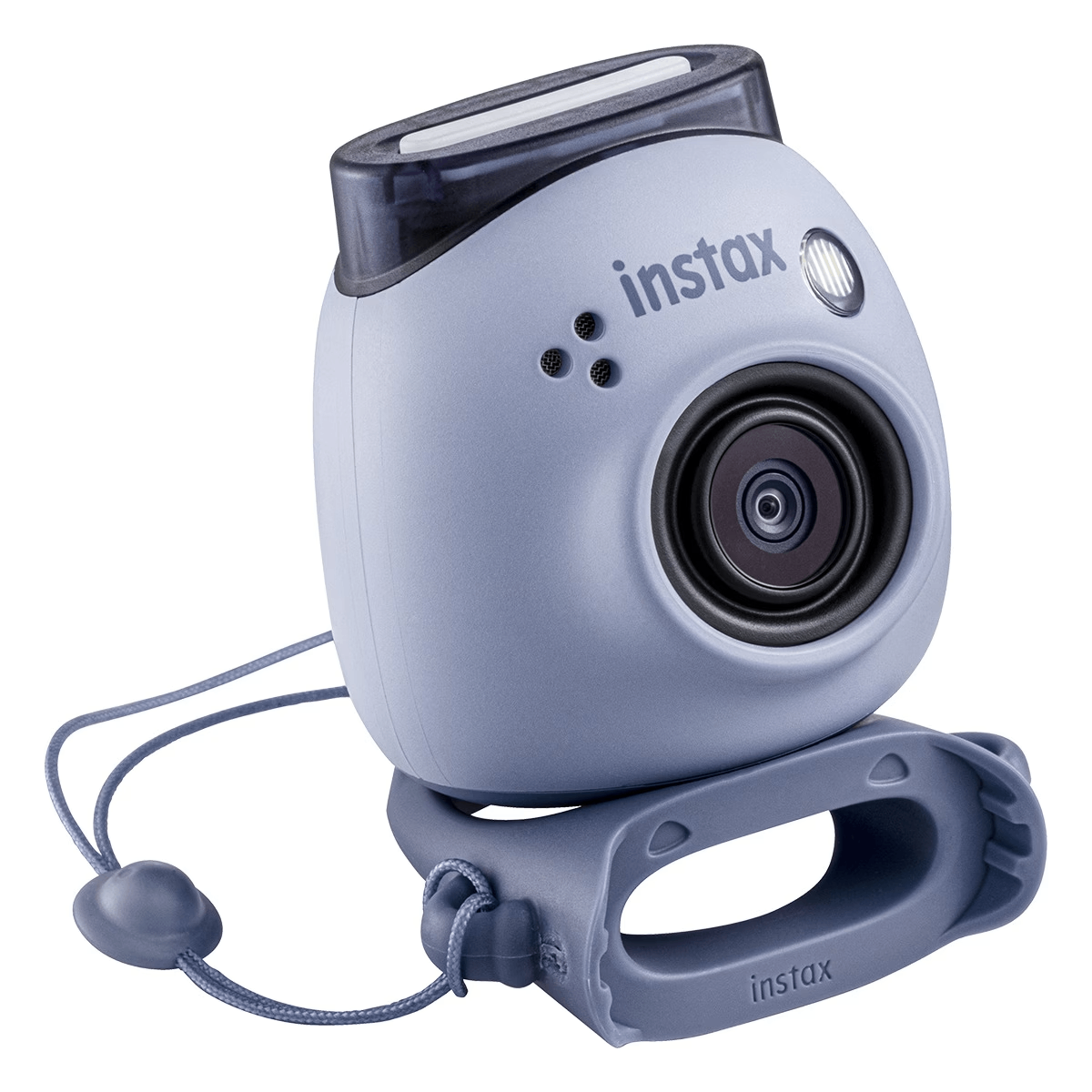 Una cámara Instax azul claro con correa para la muñeca, diseño único.