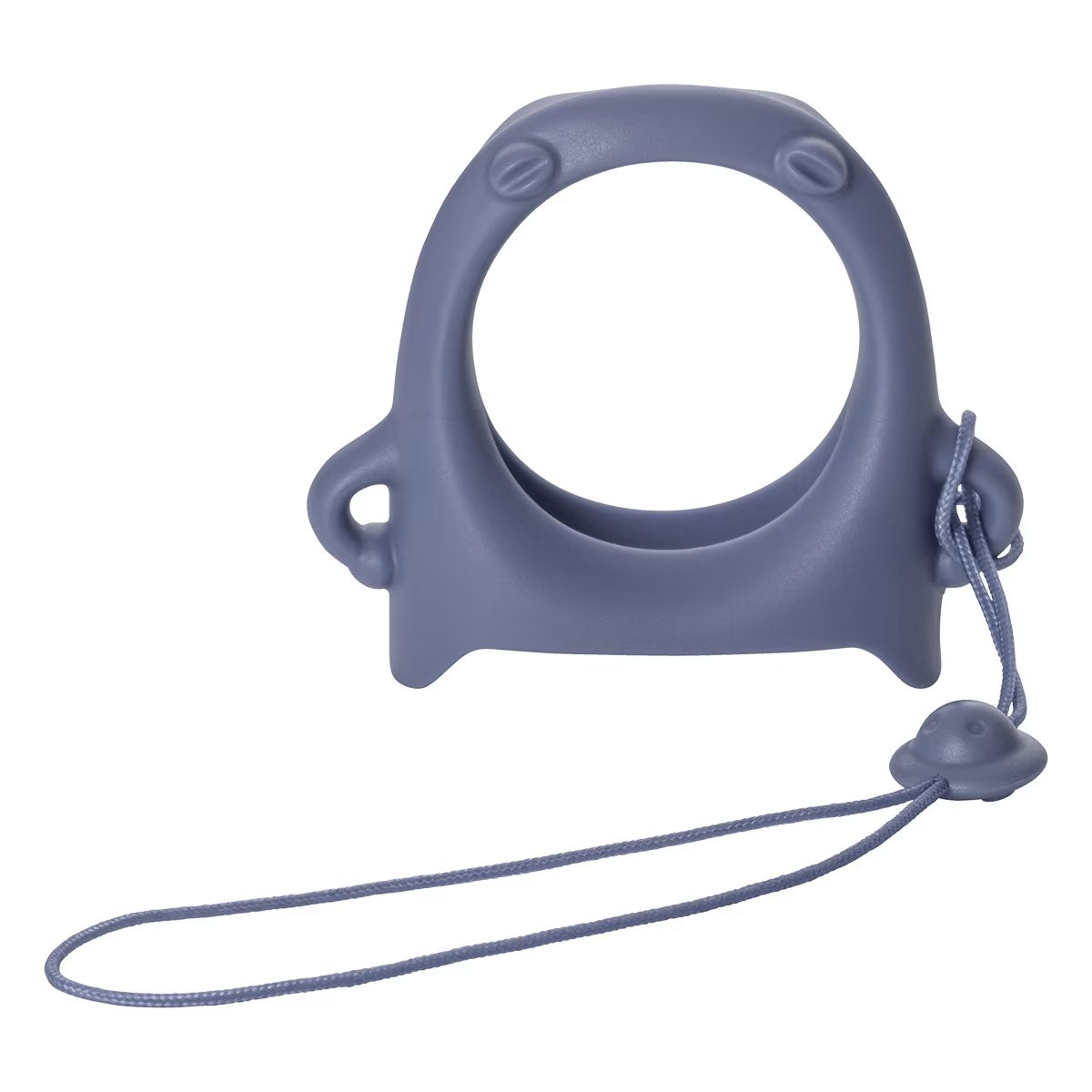 Soporte de teléfono gris, caricaturesco, con cordón adjunto, sobre fondo blanco.