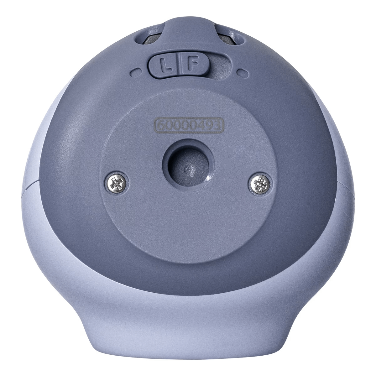 Primer plano de la parte inferior de un dispositivo eléctrico gris y azul claro. Tiene un botón y dos tornillos.