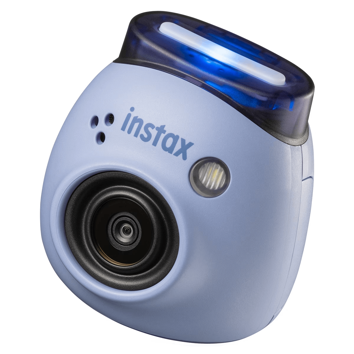 Una cámara Instax azul claro con una parte superior azul oscuro y una lente.