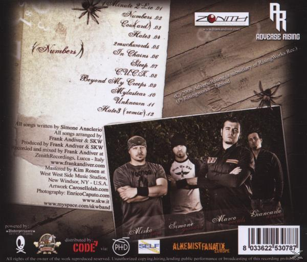 Rückseite einer CD von Adverse Rising mit Titelliste und Fotos der Bandmitglieder.