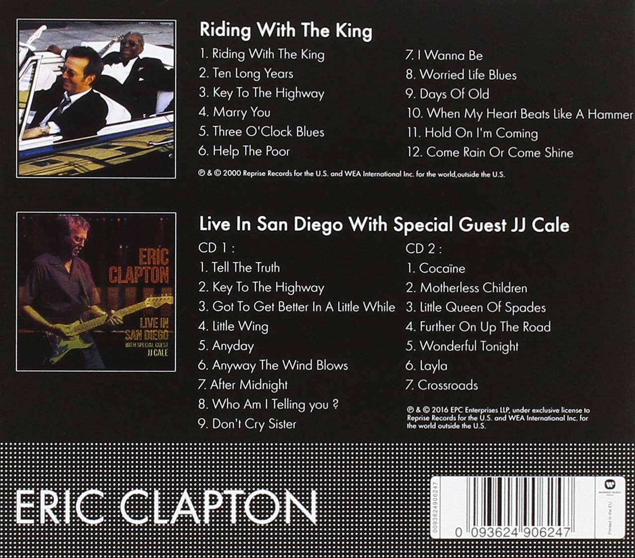 CD-Set: Eric Clapton Alben. Cover und CDs auf schwarzem Hintergrund. Text sichtbar.