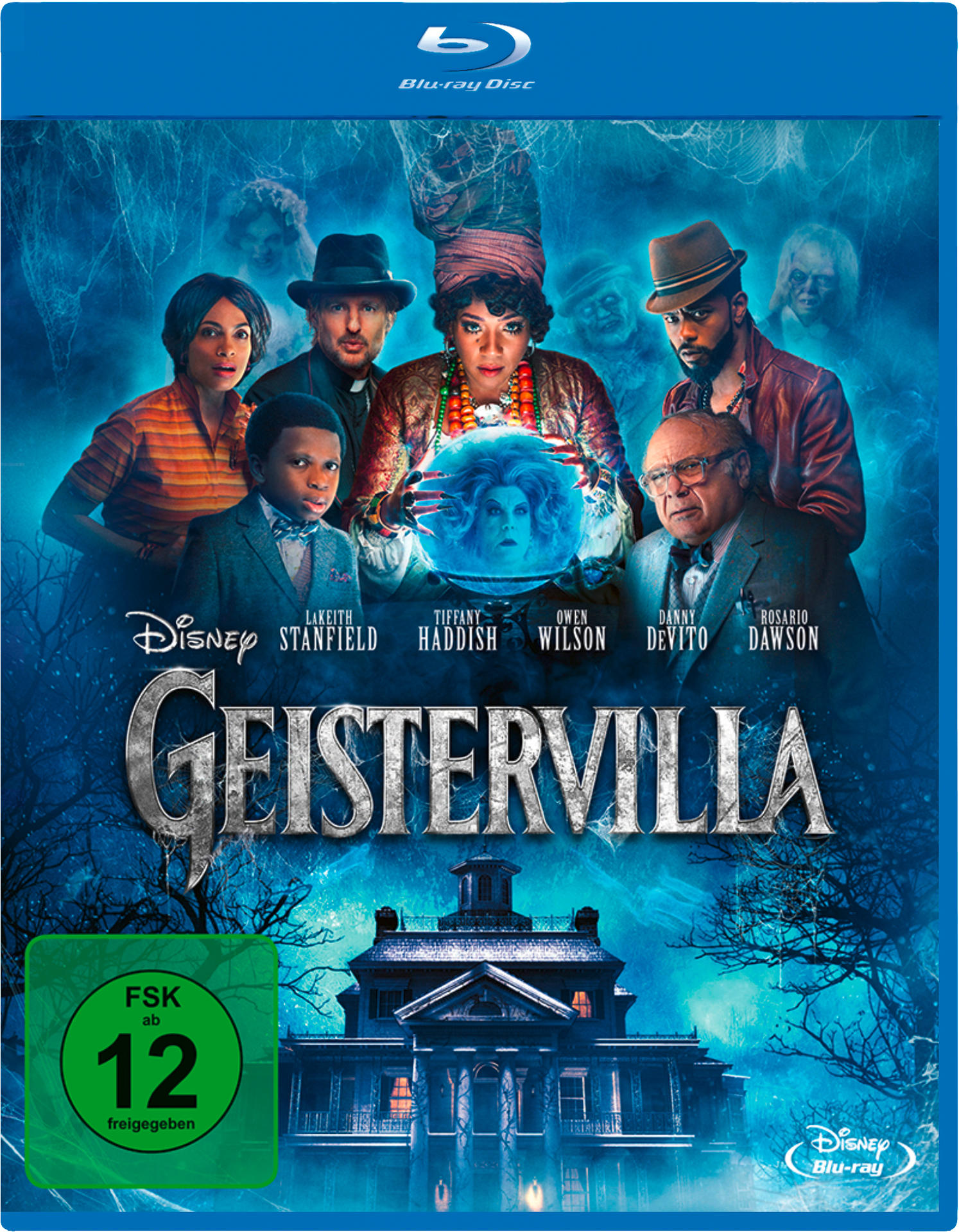 Blu-ray-Cover für 'Geistervilla' mit Cast-Foto und gruseliger Bildsprache.