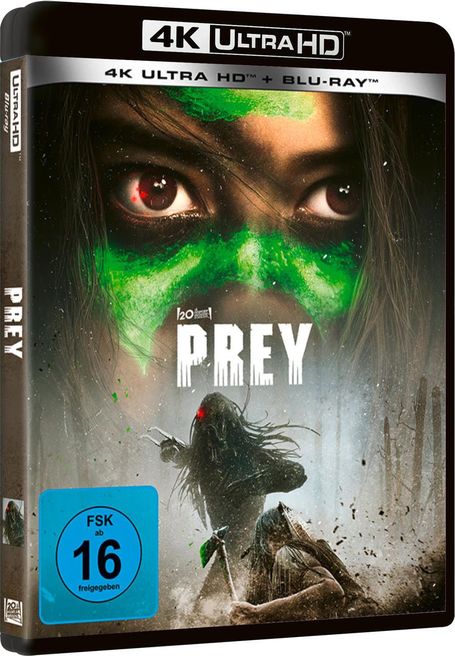 Filmcover. Eine Frau mit grüner Farbe im Gesicht. Der Titel lautet PREY. Dunkler Hintergrund.