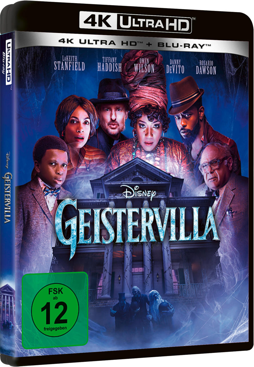 Ein Filmcover mit Schauspielern, einem dunklen Haus, einem Disney-Logo und dem Titel "Geistervilla".