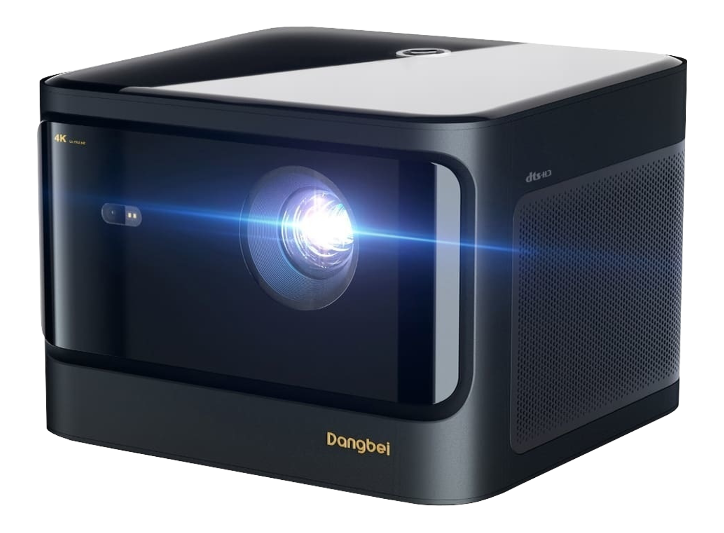 Schwarzer und grauer Projektor mit hellem Lichtstrahl, abgewinkelt, schwarzer Hintergrund.