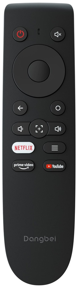 Schwarze Dangbei-Fernbedienung mit Tasten für Strom, Netflix, Prime Video und YouTube.