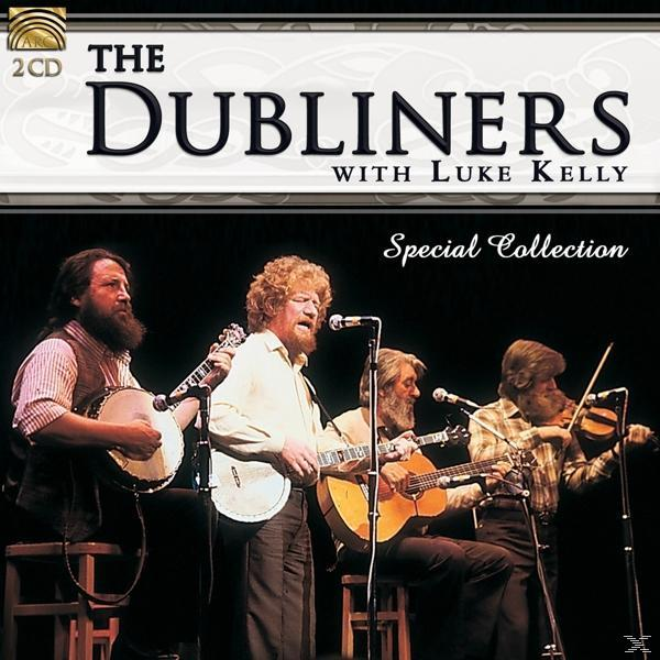 Albumcover: The Dubliners mit Instrumenten, schwarzem Hintergrund und Bandmitgliedern.