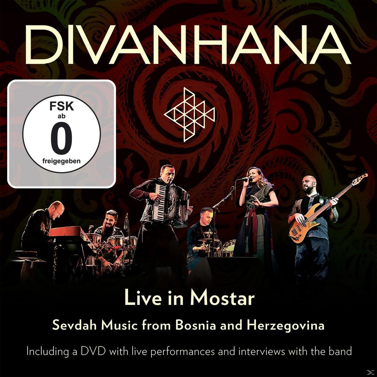 Albumcover mit einer Band, die auf der Bühne auftritt. Text: Divanhana, Live in Mostar.