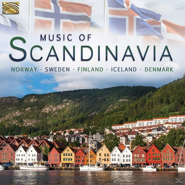 Albumcover: Küstenstadt mit bunten Häusern, Bergen und Flaggen. Music of Scandinavia.