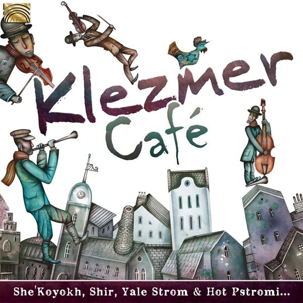 Albumcover: Musiker in einer Stadtillustration. Titel "Klezmer Café". Stilisierte Stadt und Noten.