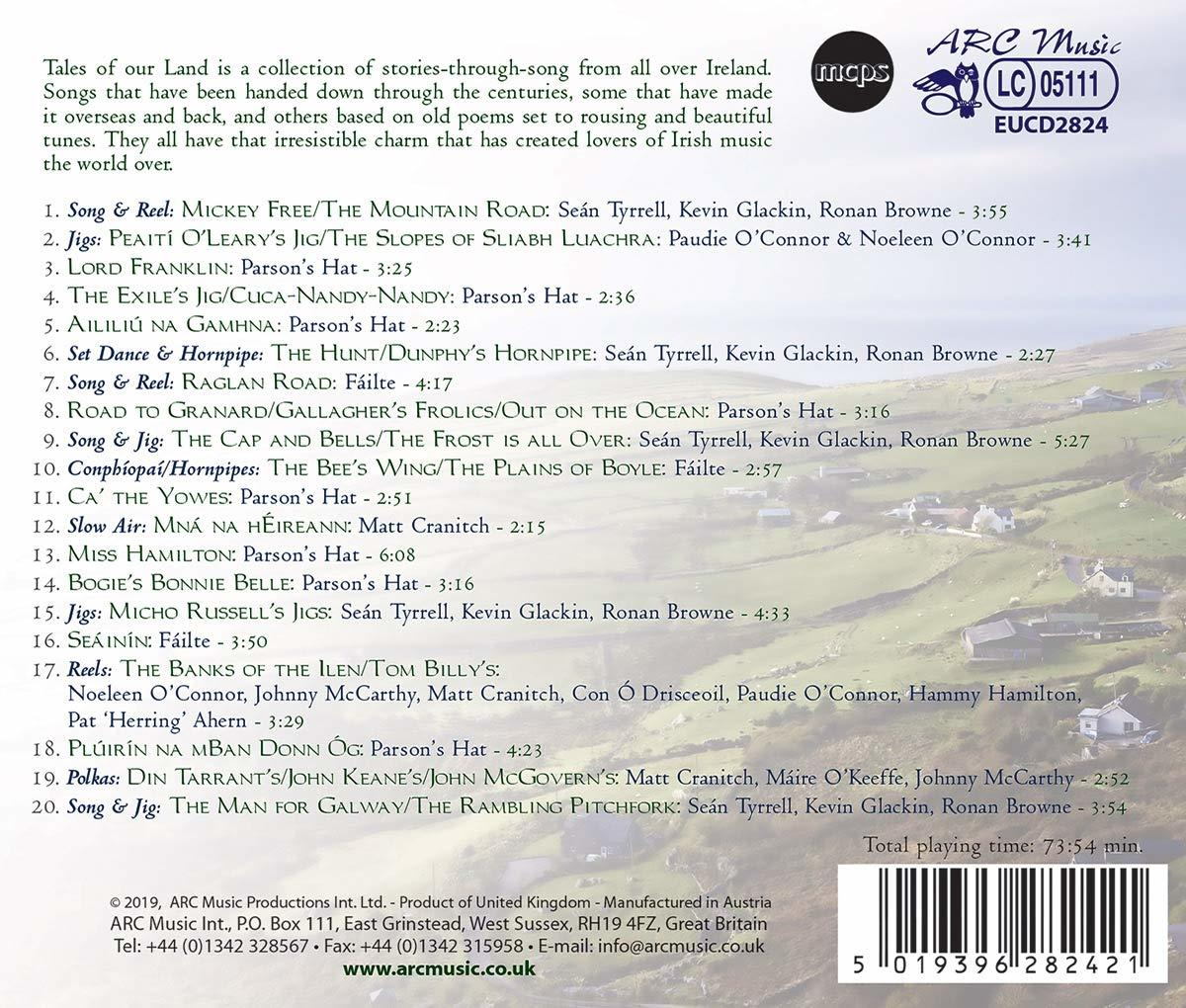 CD-Cover mit einer Auflistung von Liedern aus Irland. Enthält Text und das ARC Music Logo.