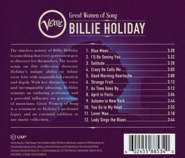 Die Rückseite einer CD-Hülle. Das Cover enthält Text über ein Billie Holiday-Album.
