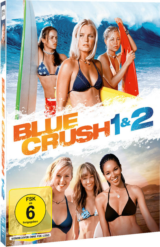 Filmplakat für Blue Crush 1 & 2 mit Frauen in Bikinis und Surfbrettern.