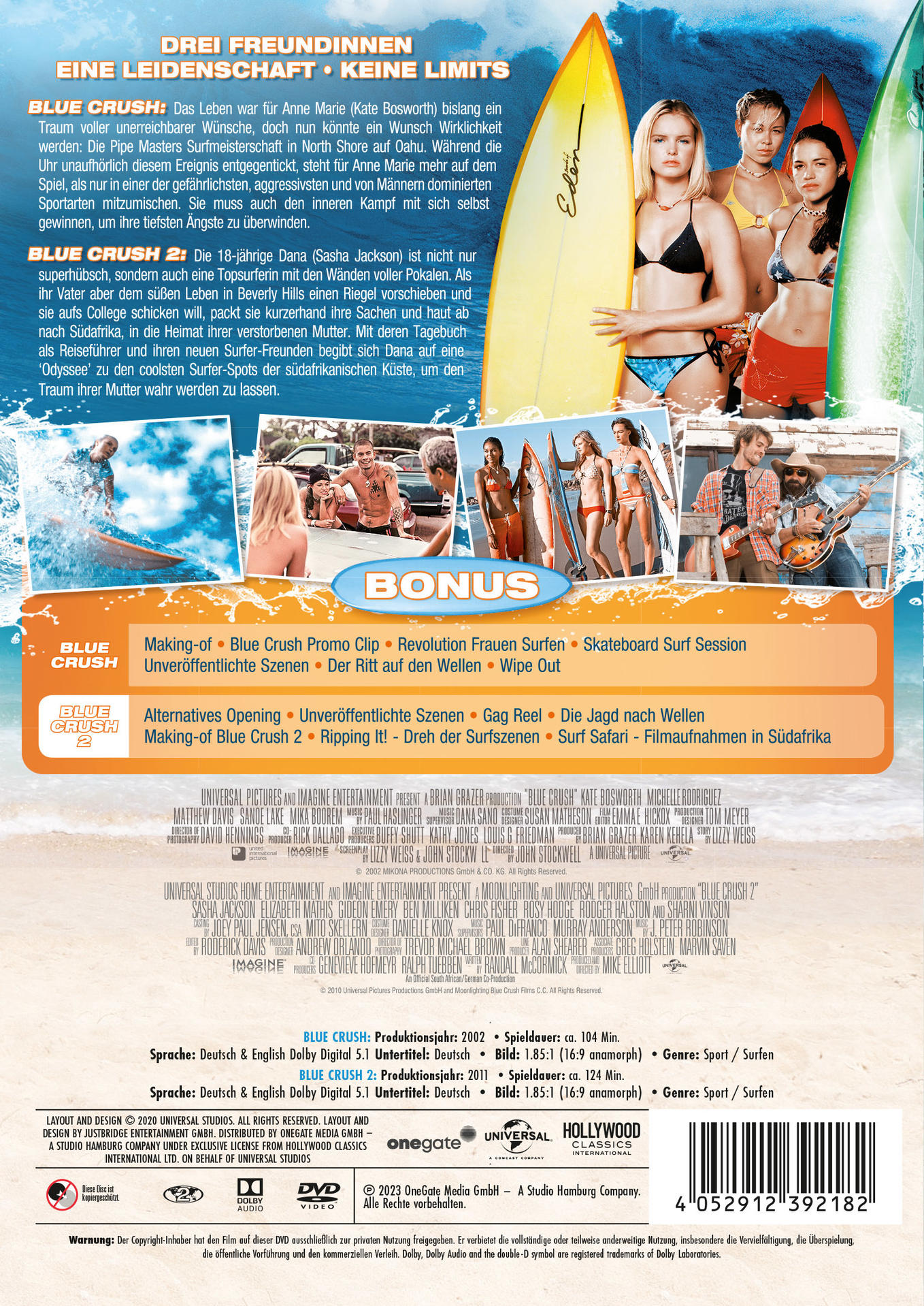 DVD-Cover von "Blue Crush 2" mit Surfszenen. Drei Mädchen stehen lächelnd im Wasser.