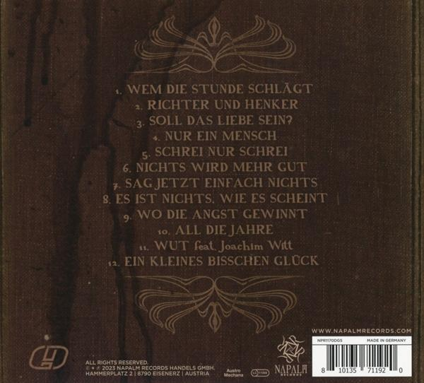 Album-Rückseite mit braunem Hintergrund, Text auf Deutsch und dekorativem Design.