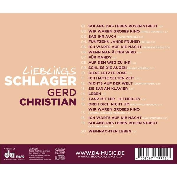 CD-Cover mit Text, Titel LIEBLINGS SCHLAGER, Künstler GERD CHRISTIAN, Titelliste, weißer Hintergrund.