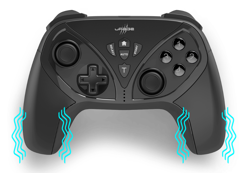 Fekete gamepad gombokkal, D-paddal és ravaszokkal. Texturált kialakítású, kék hullámos vonalakkal.