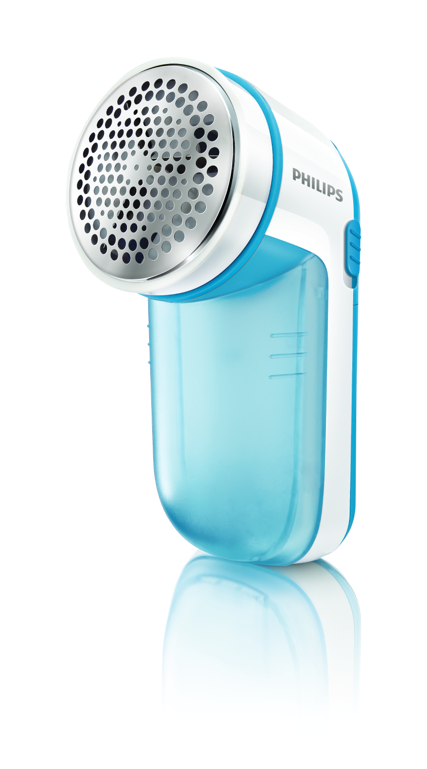 Quitapelusas blanco y azul. Tiene un cabezal de malla y un recipiente azul transparente para pelusas.