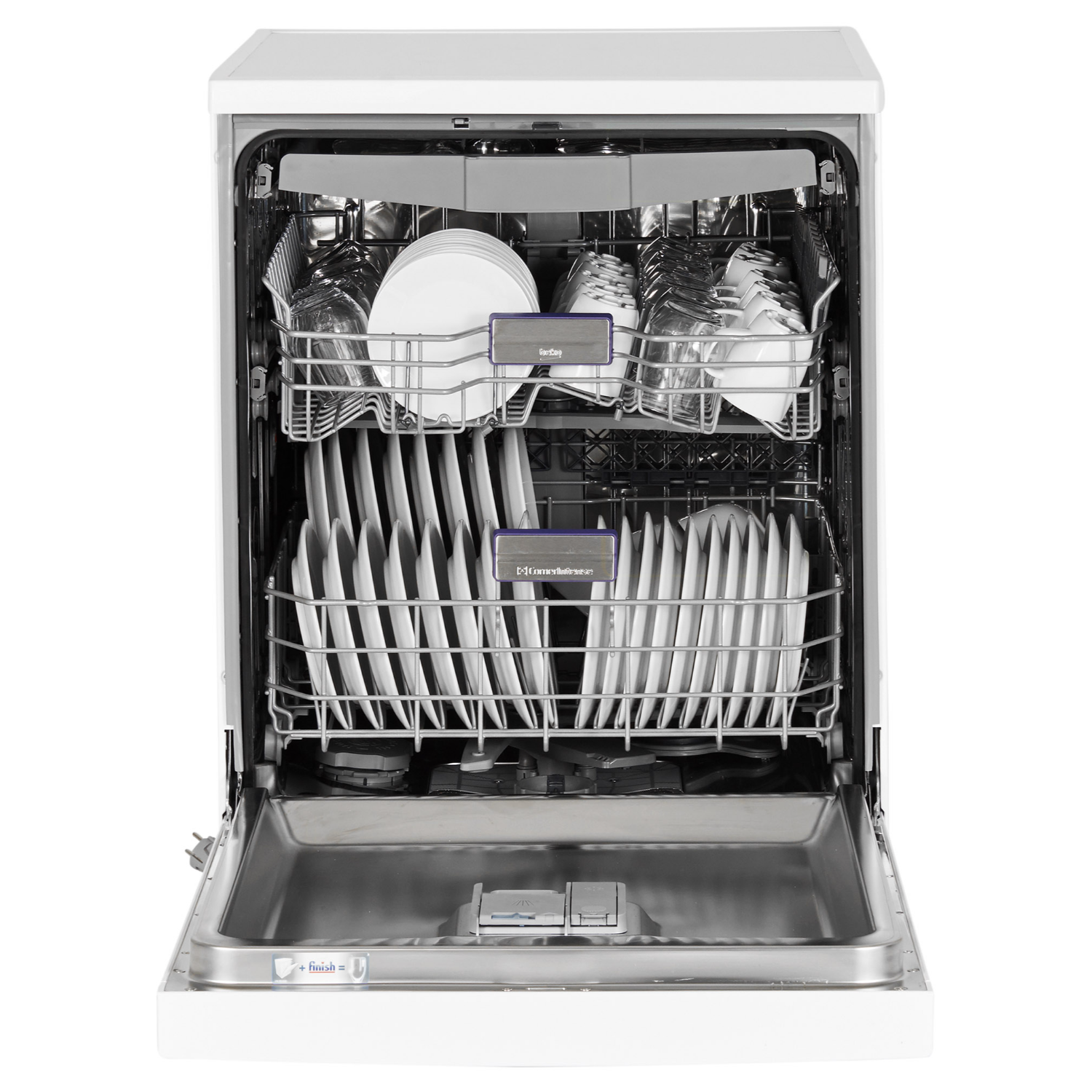 An open dishwasher with stacked dishes, glasses, and silverware, showcasing the interior.