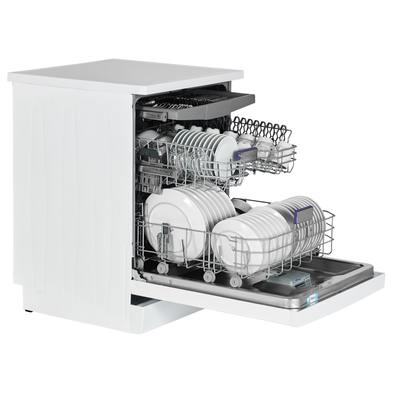White dishwasher with open door, loaded with clean dishes, inside a white kitchen.