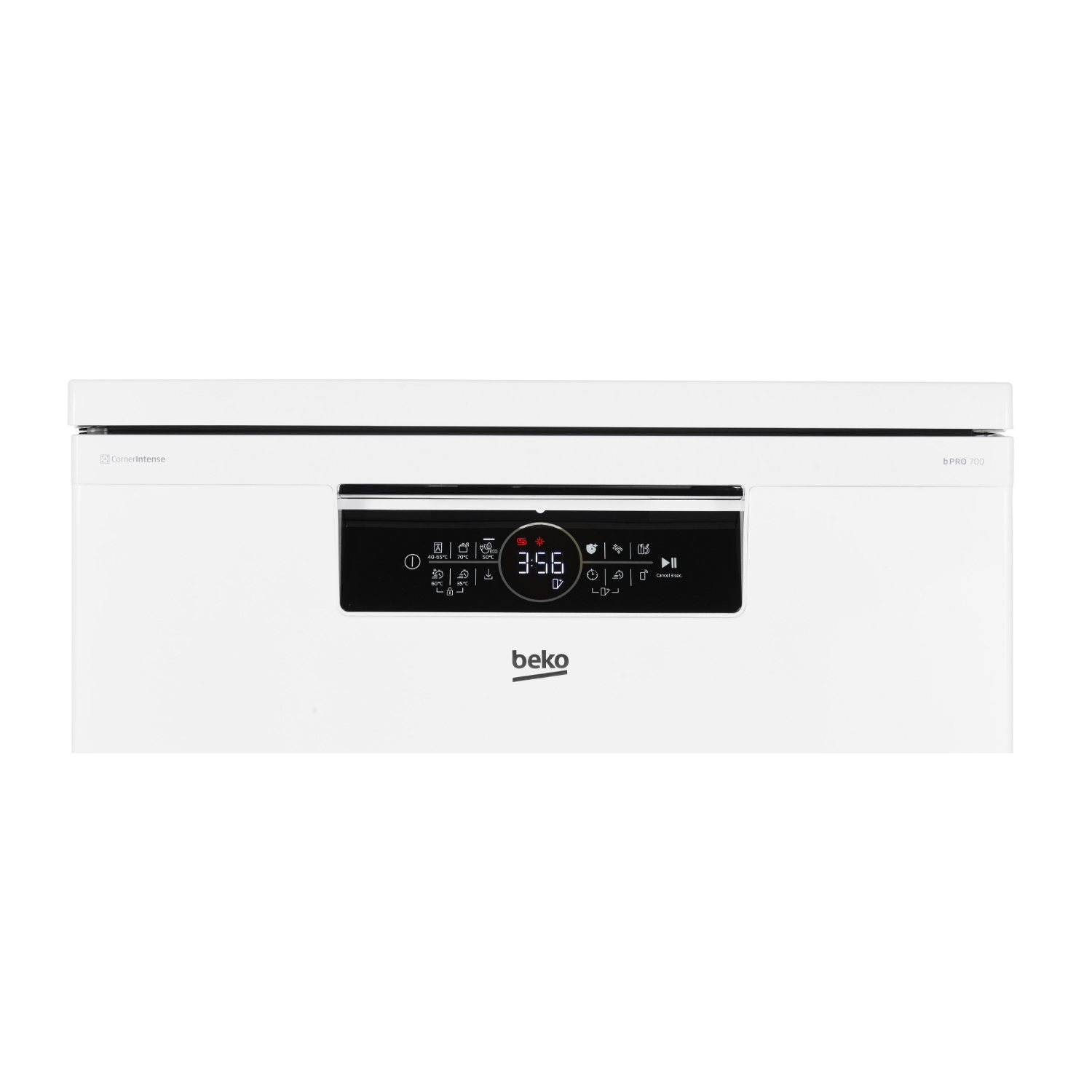 A close-up of a white Beko dishwasher control panel showing the time, settings, and icons.