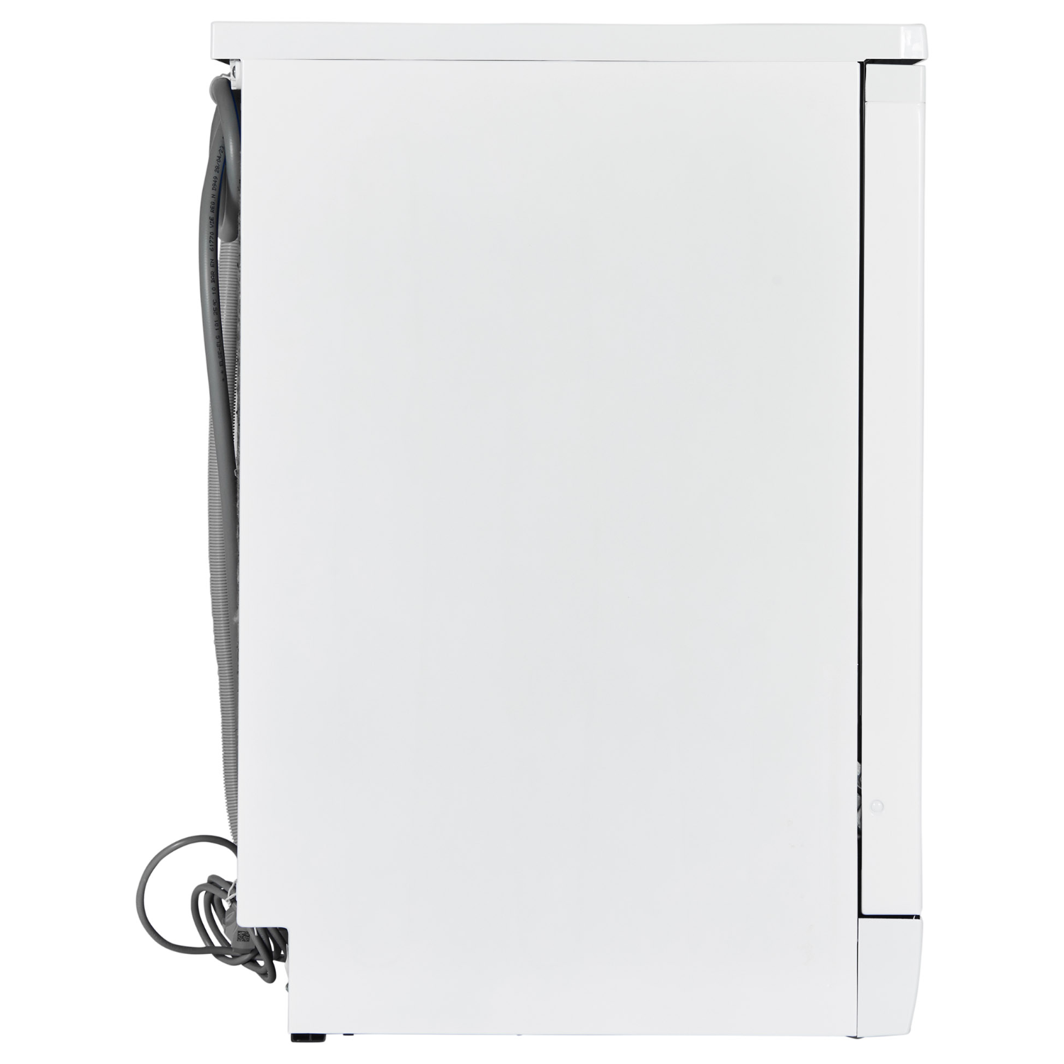 White dishwasher, side view, with attached hose.
