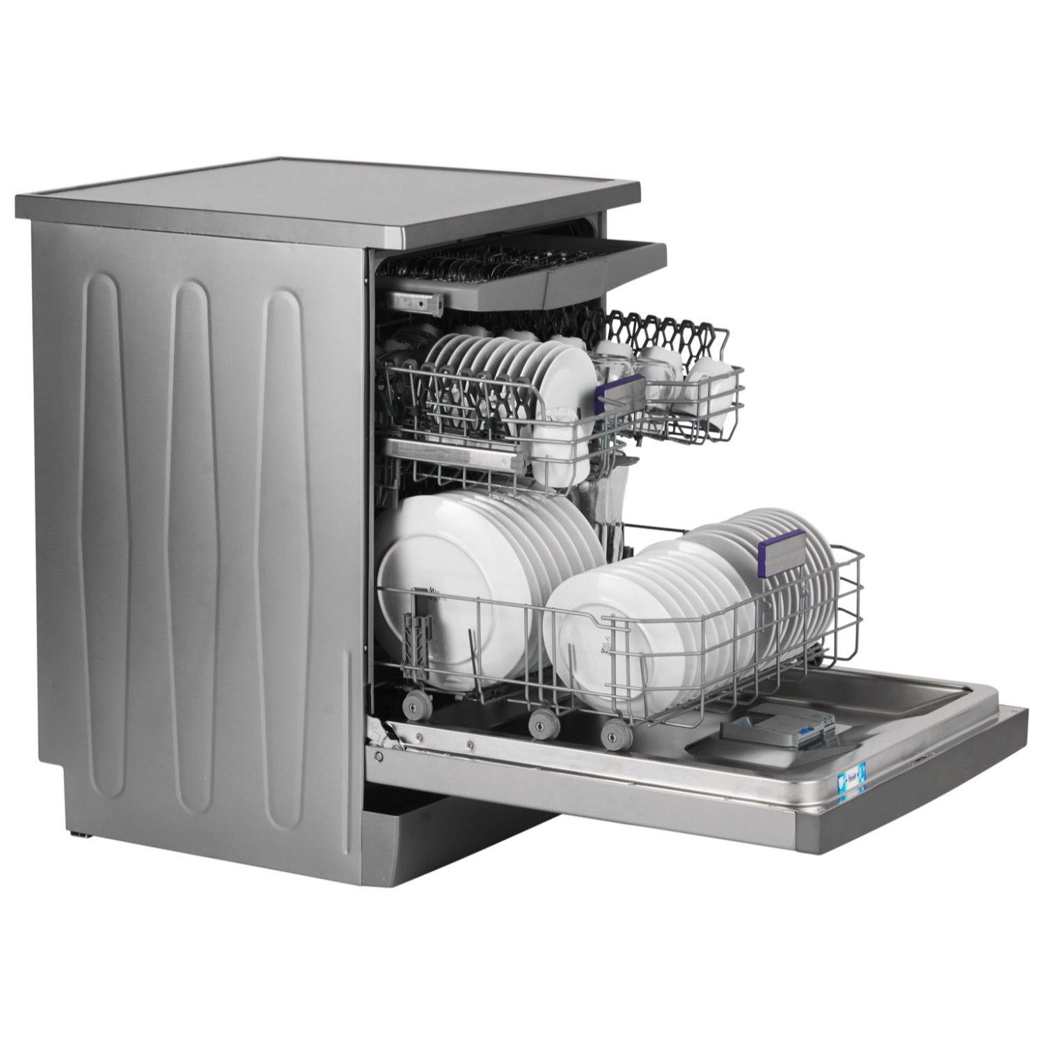 A dishwasher with the door open, filled with dishes and cutlery.