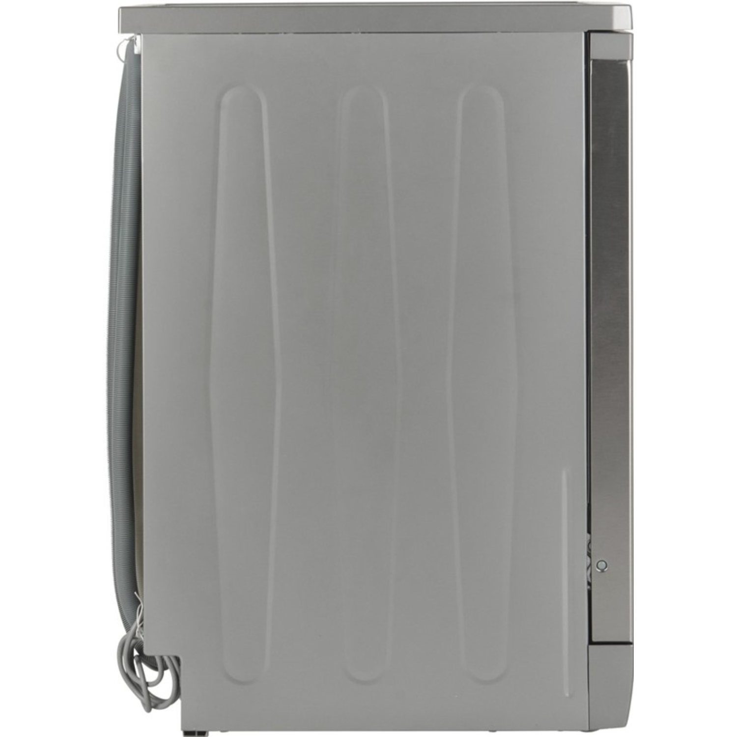 Side view of a gray dishwasher with ridged paneling and a flexible hose.