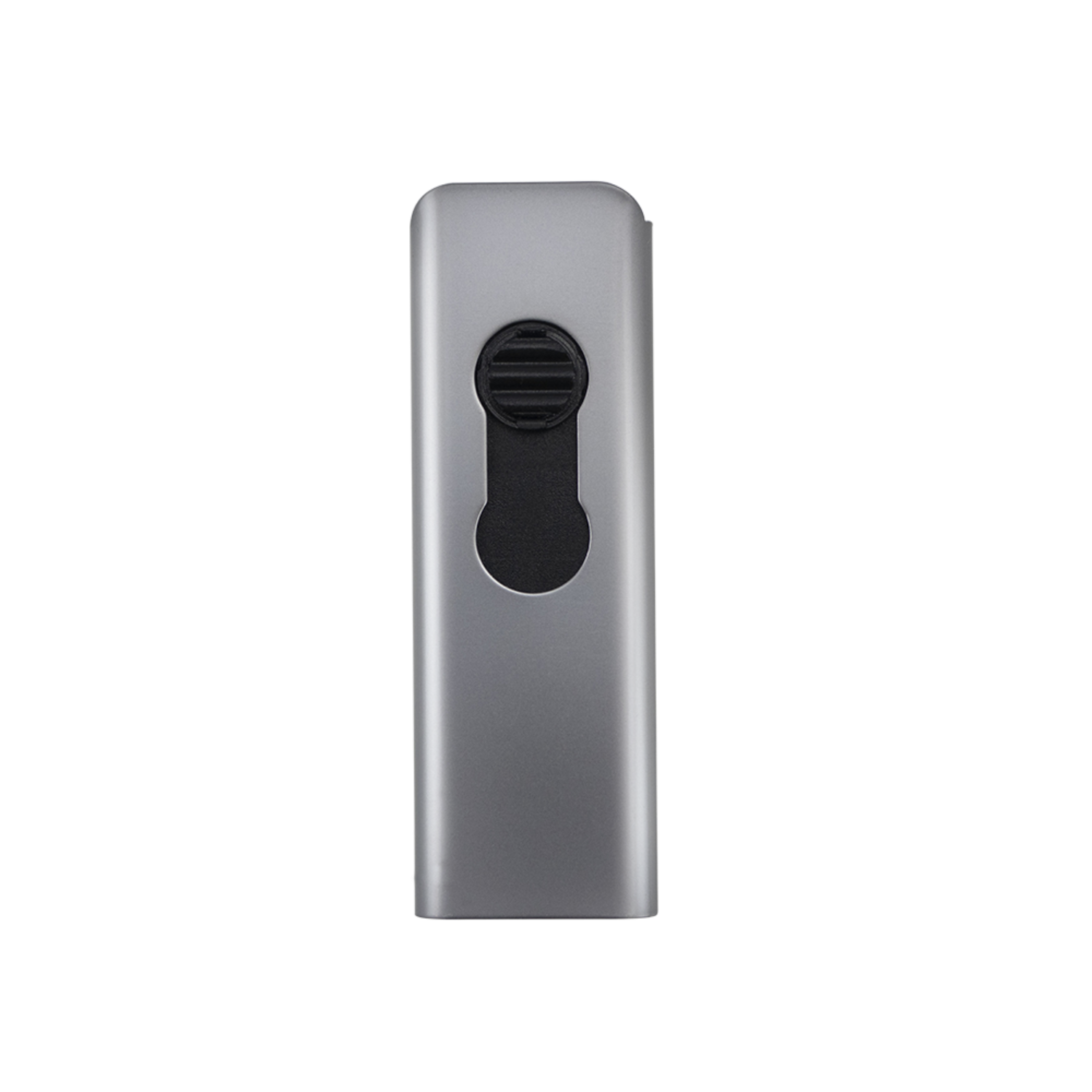 Silver rectangular device with a black vent and a hole on a black background.