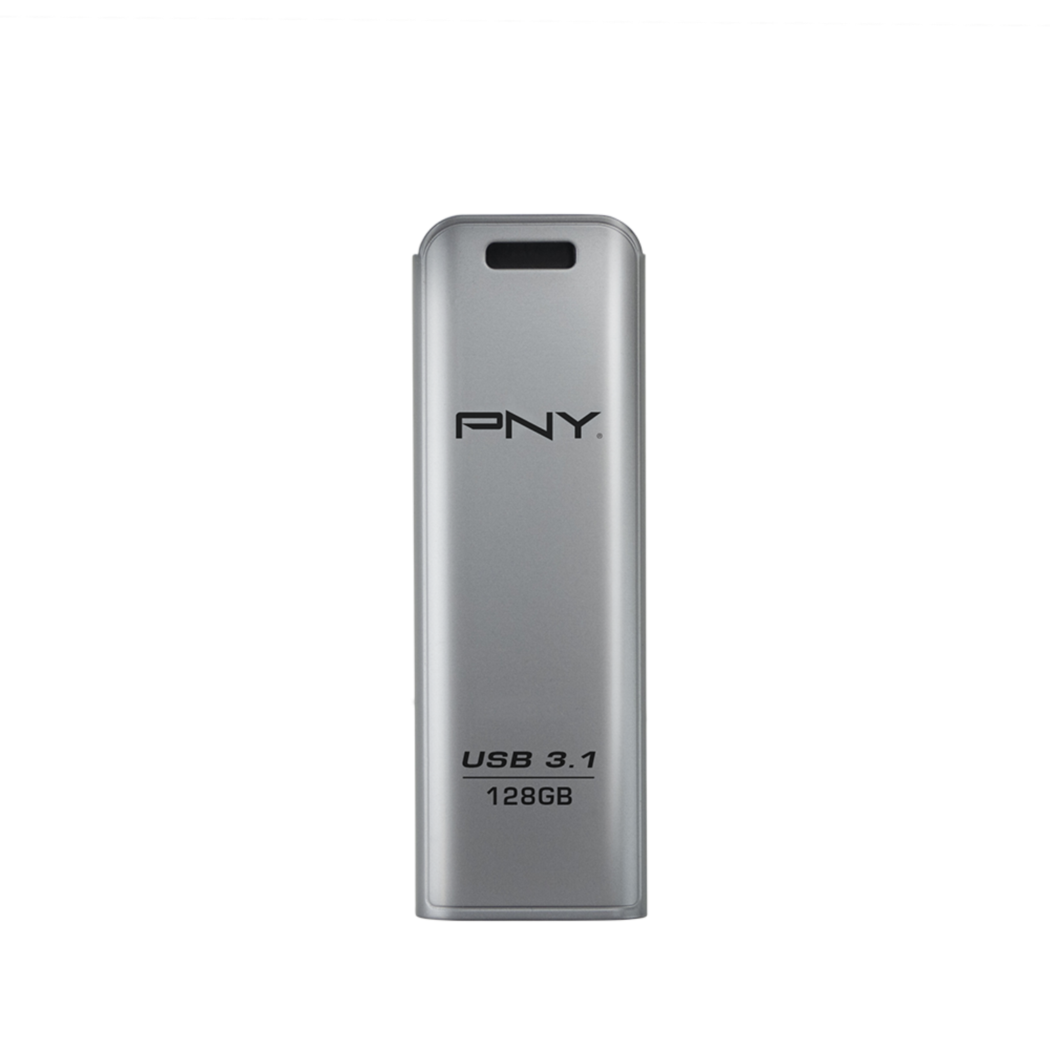Silver PNY USB drive. The USB drive has a cap and the words "USB 3.1 128GB" on it.