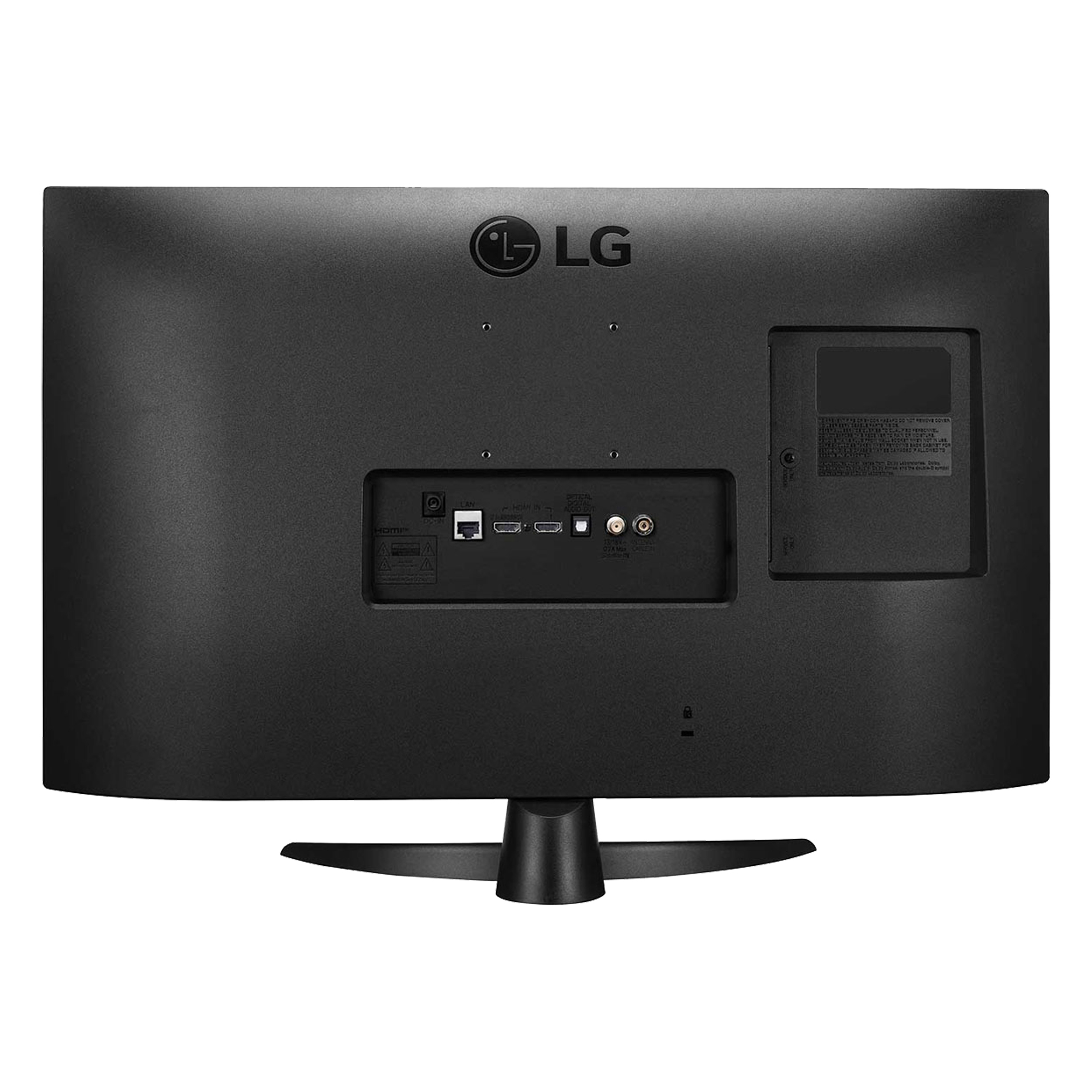 Parte trasera de un televisor LG negro, mostrando puertos y soporte.