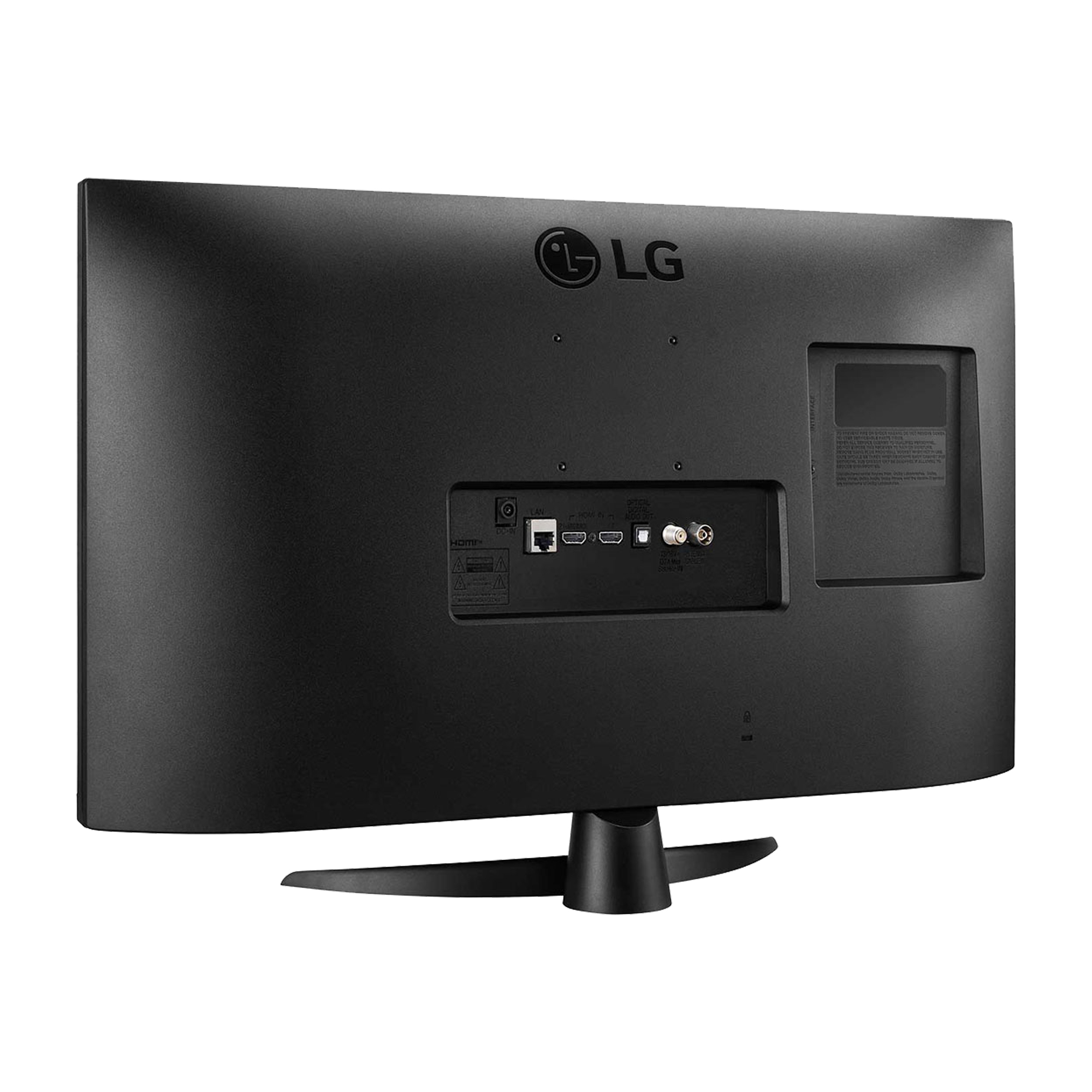 Parte trasera de un monitor LG negro, que muestra puertos, el logotipo de LG y un soporte.