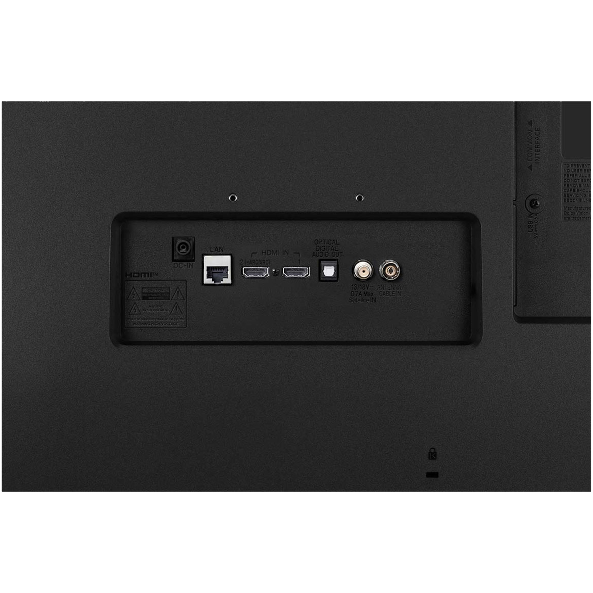 Parte trasera de un televisor con puertos: DC IN, LAN, HDMI, salida de audio óptica, antena y otros puertos de interfaz.