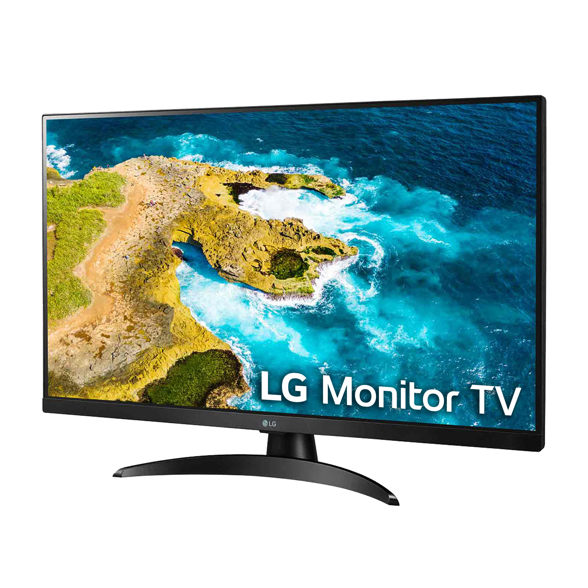 LG Monitor TV, marco negro, mostrando un paisaje costero con agua azul y colinas verdes.
