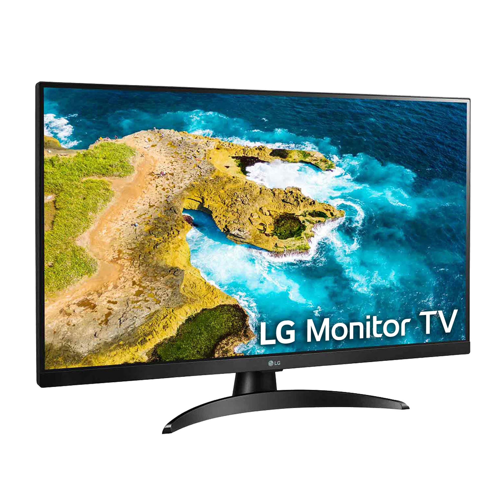 Monitor TV LG. Es negro con un soporte curvo y muestra una escena costera.