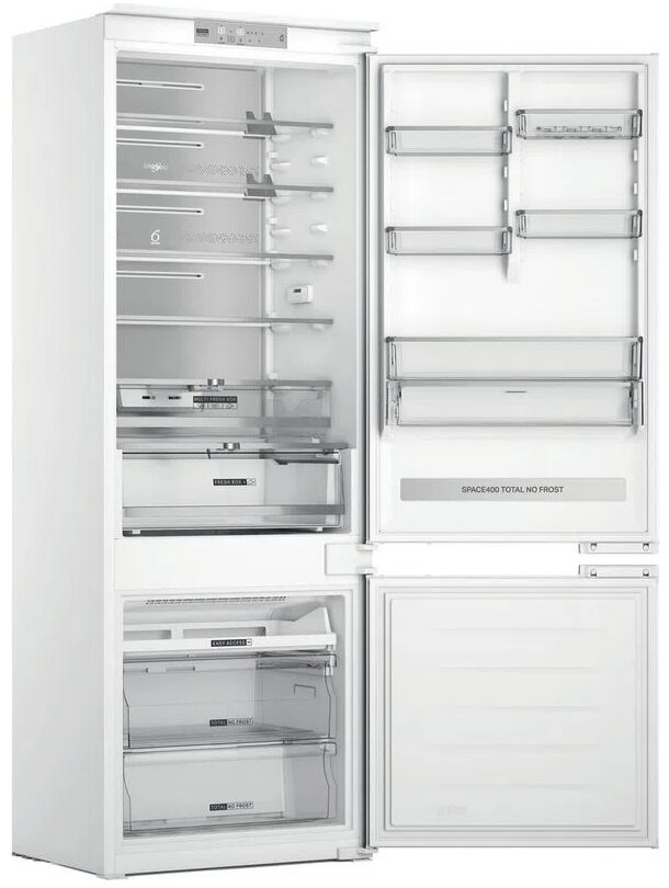 Biała lodówka z otwartymi drzwiami, pokazująca wnętrze.