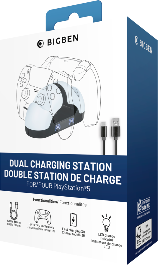 Une station de recharge pour les manettes PlayStation 5. Elle est blanche et noire. La boîte contient du texte et des images.