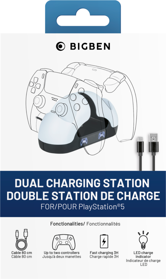 Station de charge double Bigben pour PlayStation 5. Deux manettes, câbles et informations.
