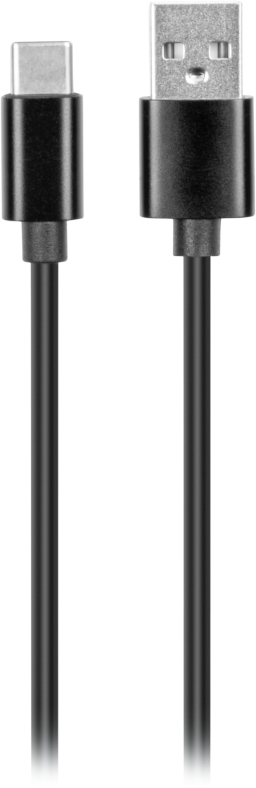 Deux câbles USB noirs ; un USB-C et l'autre avec un connecteur USB standard.