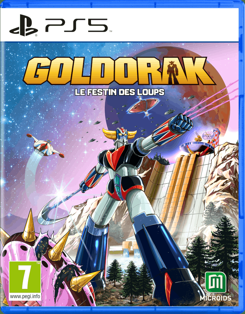 PS5 game cover: Goldorak robot, ruimtescène, blauwe doos.