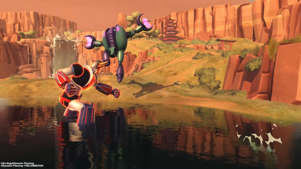 Twee robots vechten in een landschap met een meer, bergen en een pagode. Eén robot is rood.