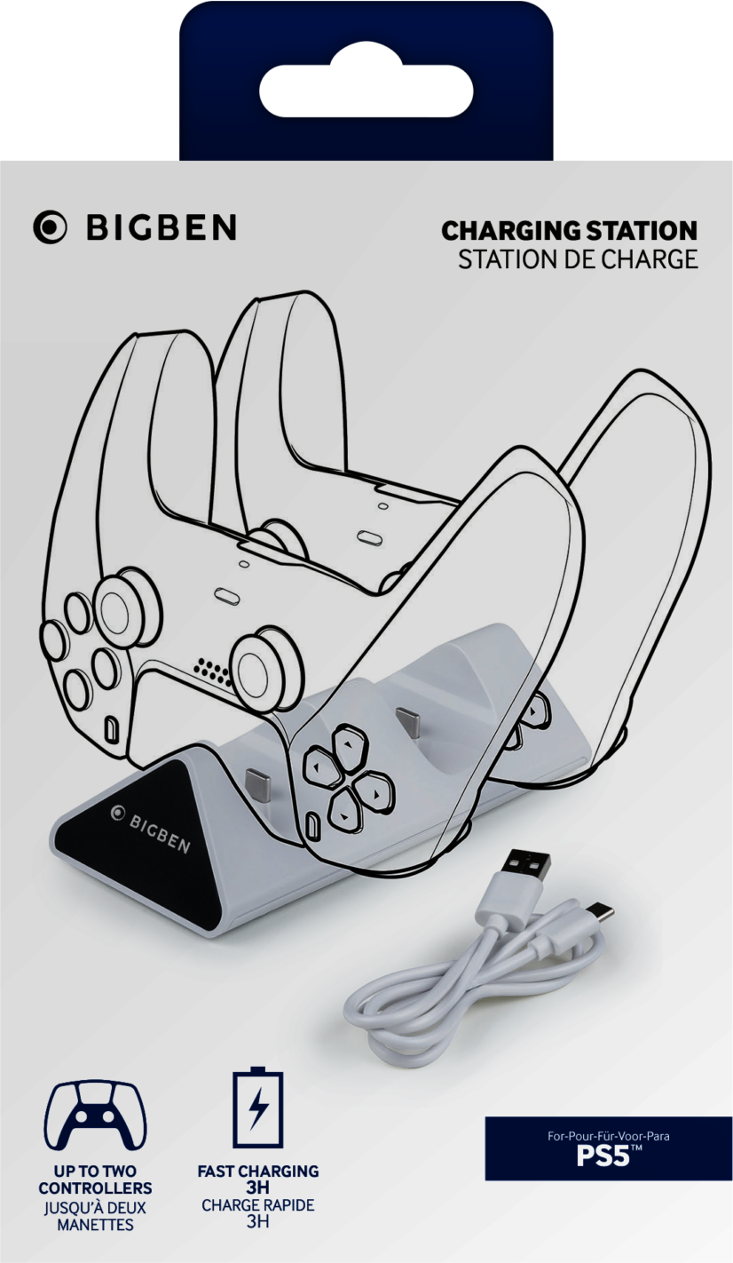 L'image montre une station de charge pour manettes PS5, avec une base blanche, des contours de manettes et un câble USB. La marque est Bigben.