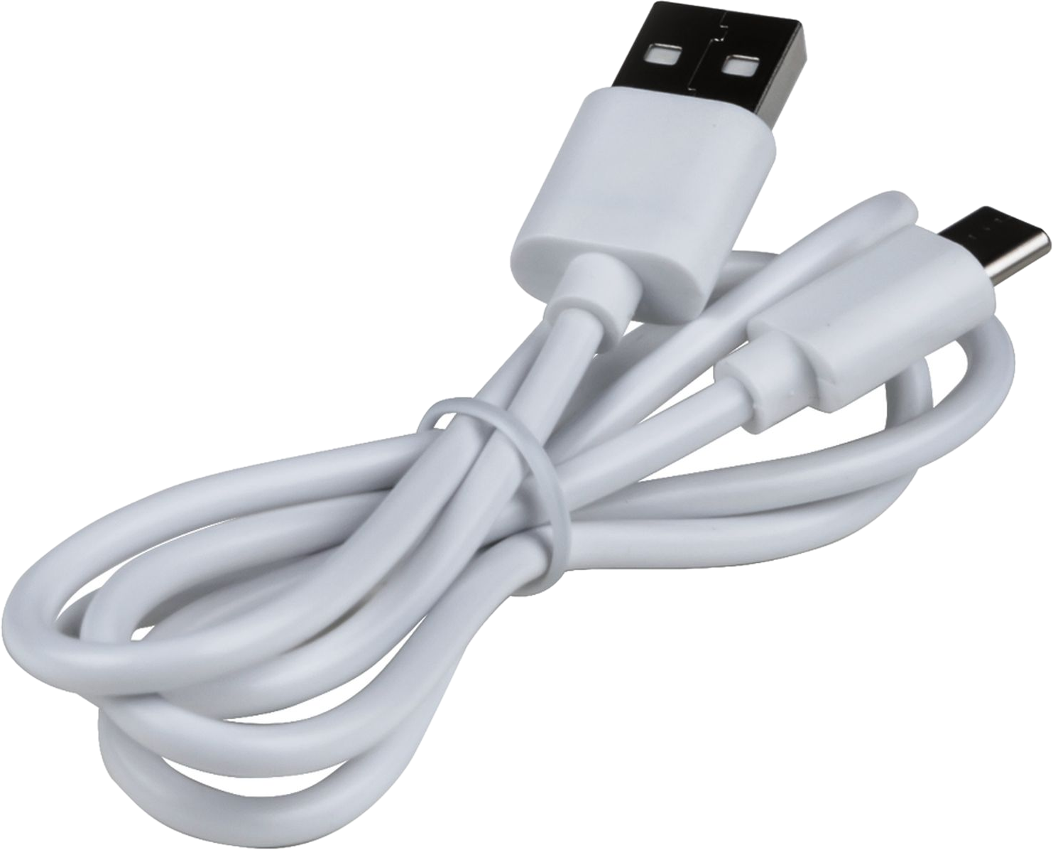 Un câble de chargement USB blanc avec connecteur USB-A et USB-C. Le câble est enroulé, le fond est blanc.