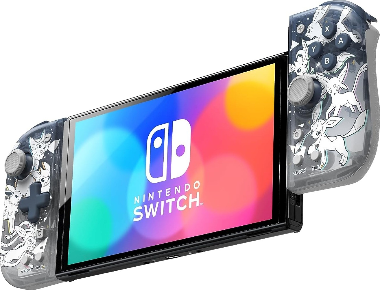 Eine Nintendo Switch-Konsole mit benutzerdefinierten Controllern mit Pokémon-Charakteren.