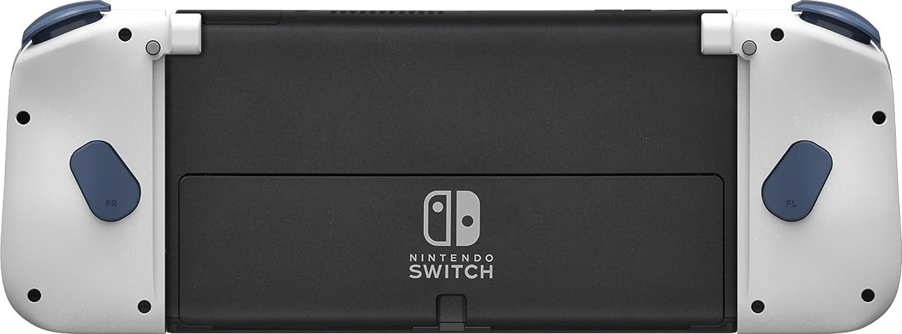 Rückseite einer Nintendo Switch-Konsole. Schwarz in der Mitte, weiße Seiten, blaue Knöpfe und Logo.