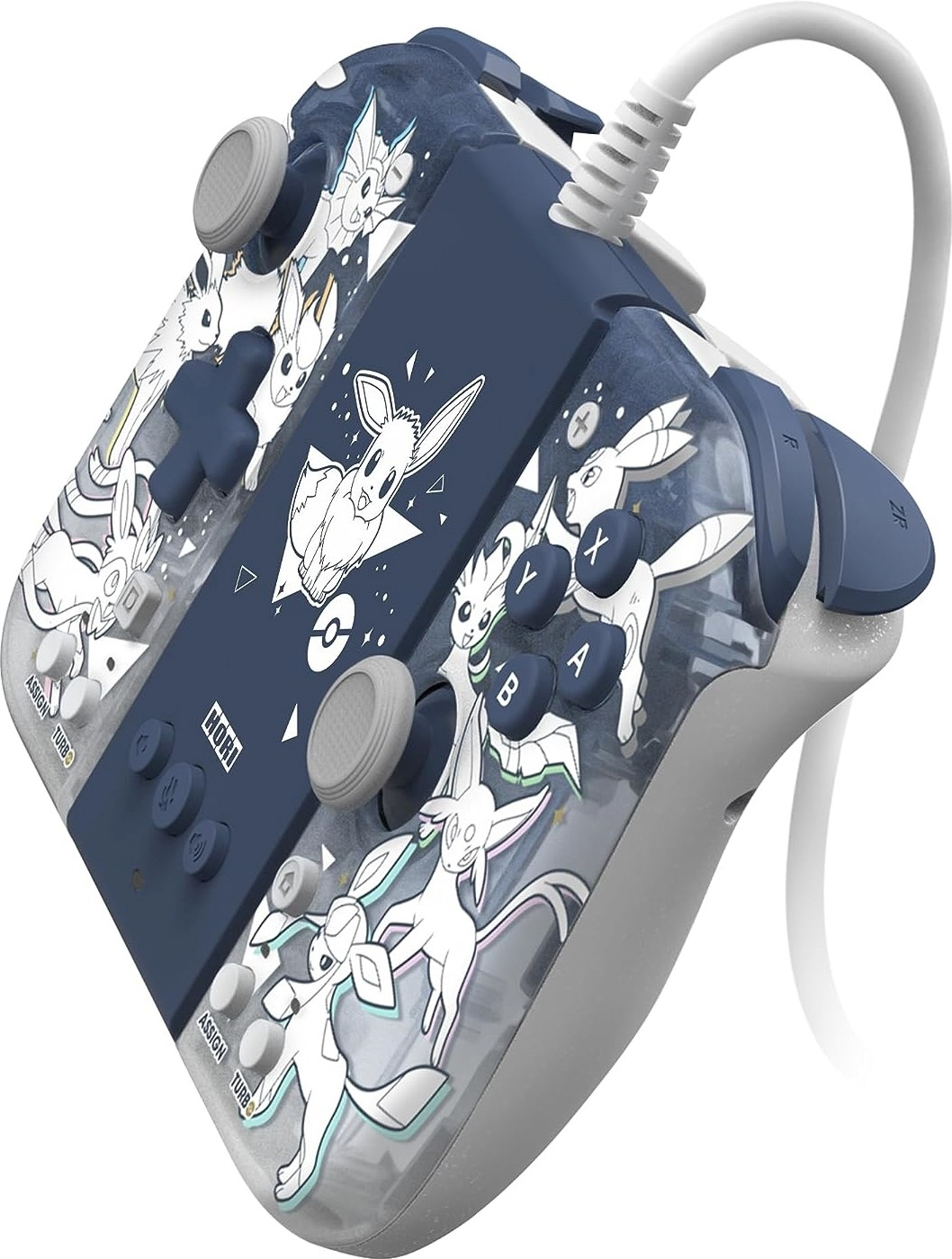 Ein Controller mit Pokemon-Motiv, mit weißem Kabel und verschiedenen Pokemon-Charakteren.
