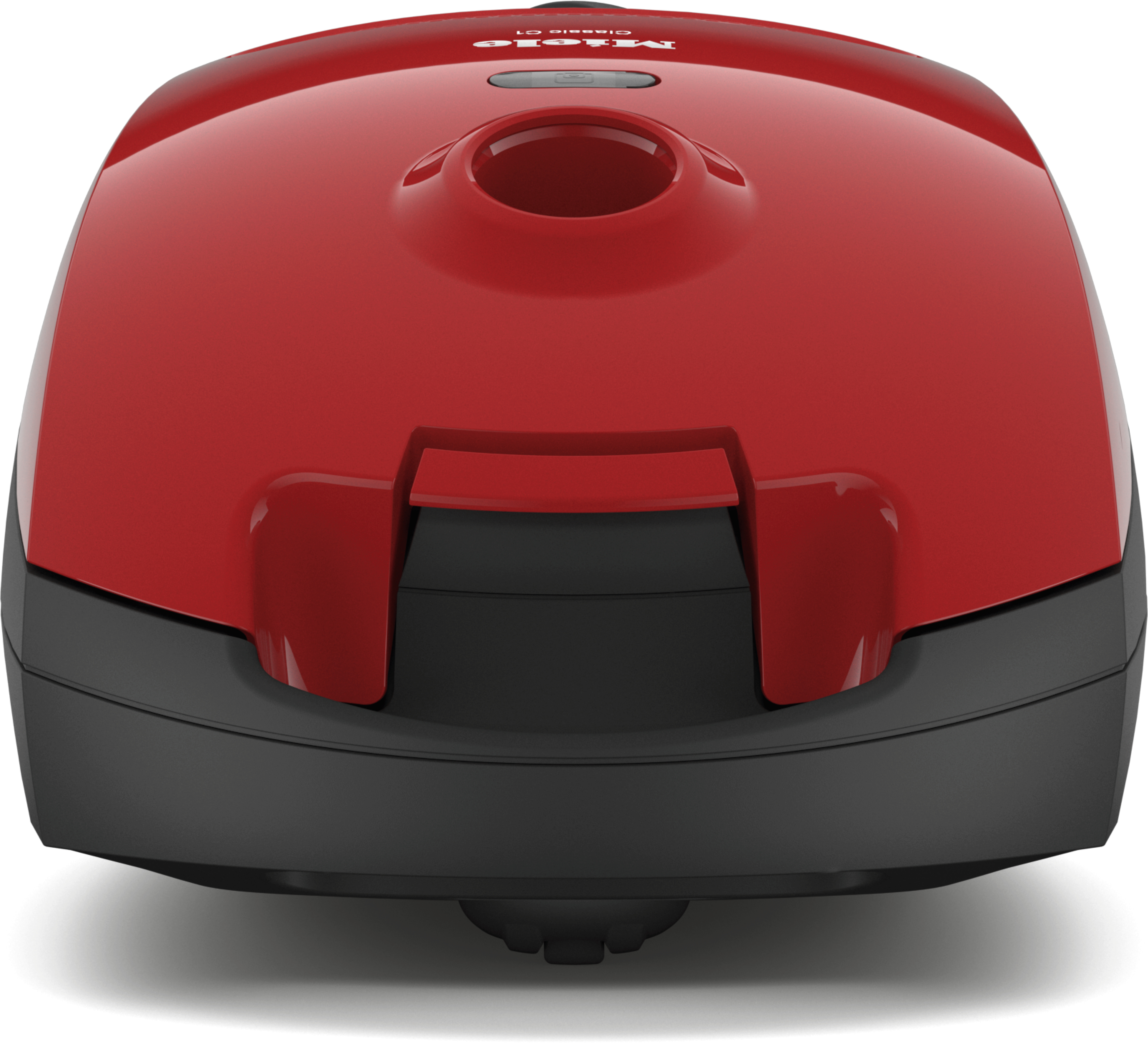 Roter Miele Classic C1 Staubsauger mit schwarzem Sockel auf weißem Hintergrund.