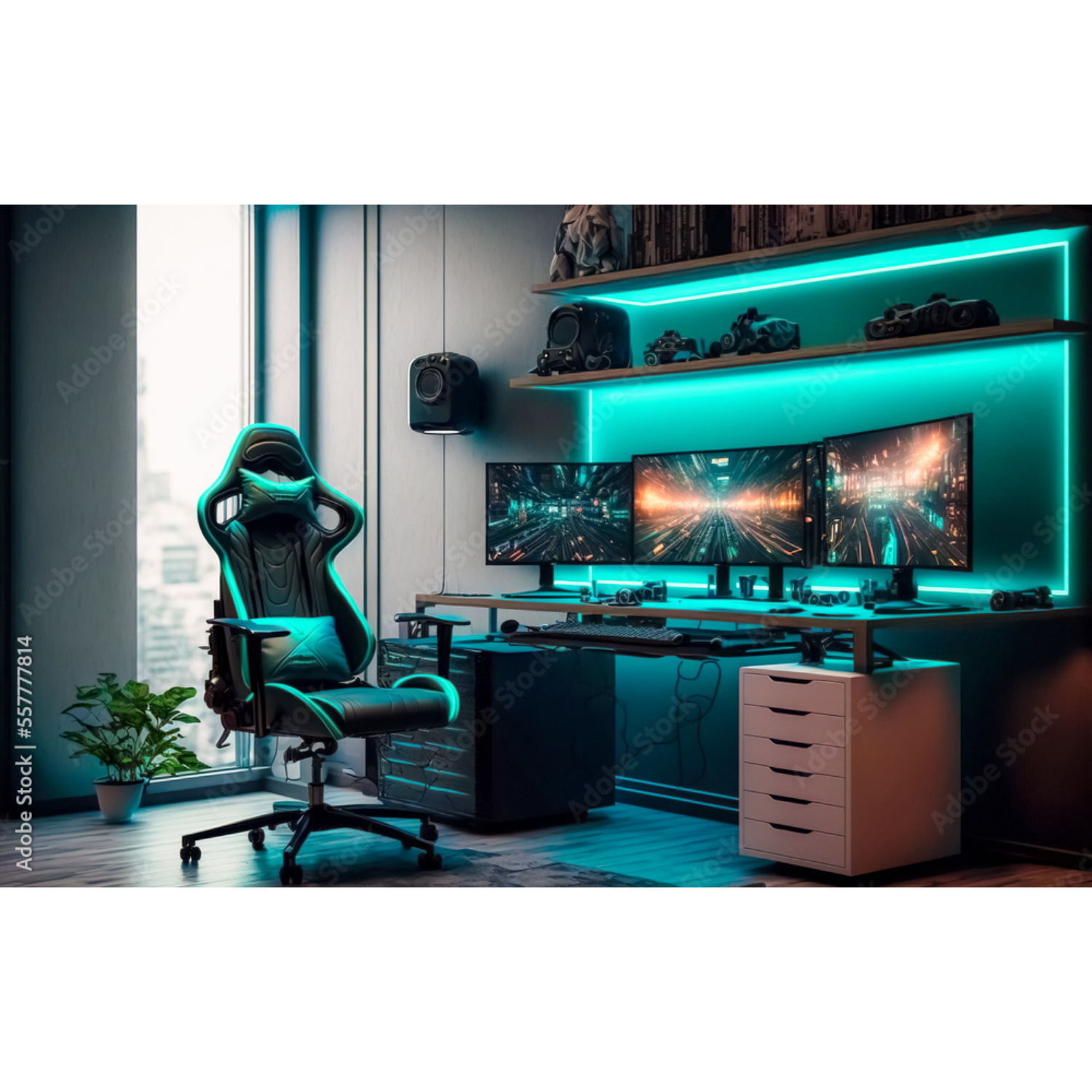 Gaming setup with a chair, three monitors, and other equipment in a room.